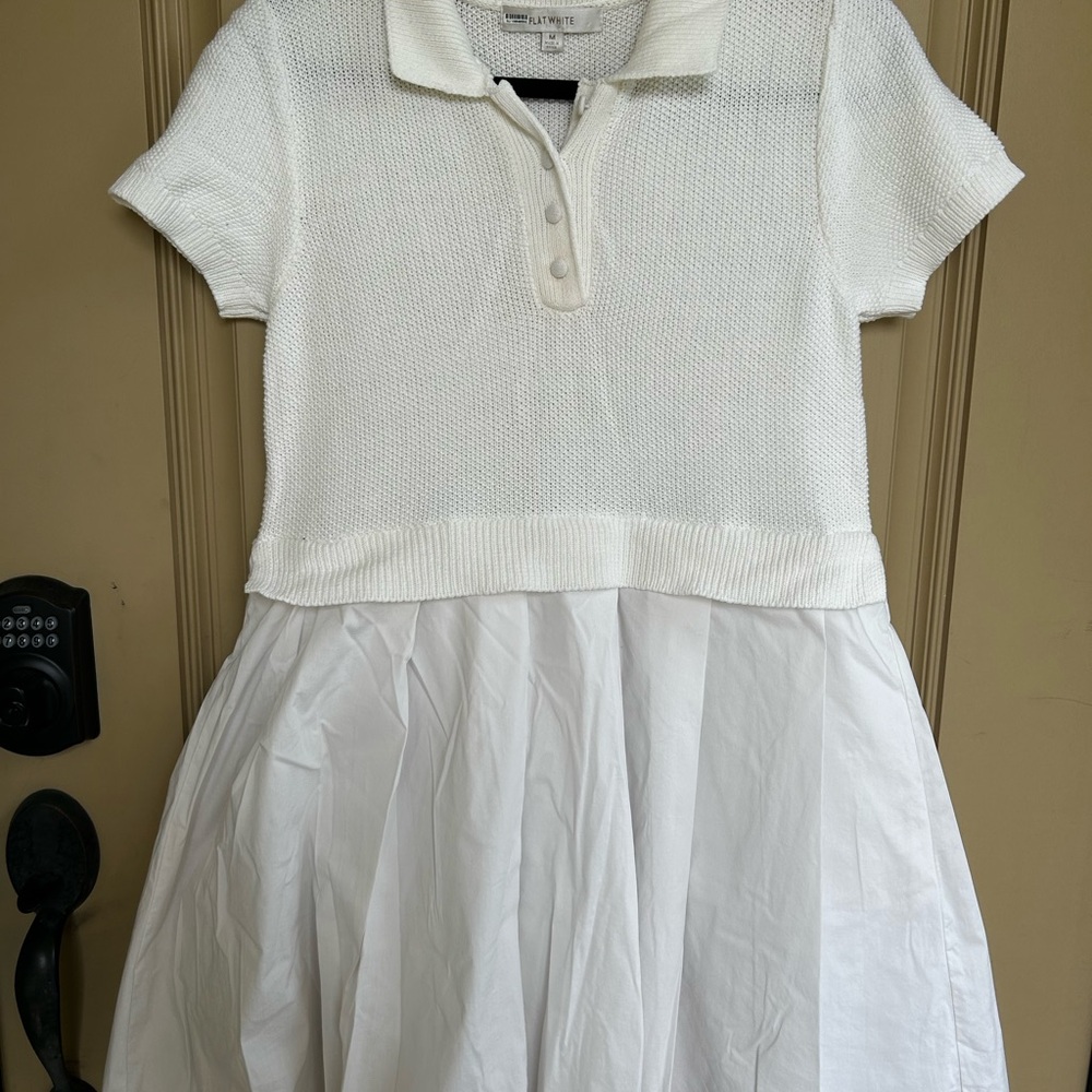 Flat White Knit Polo Top/Full White Skirt Dress Medium